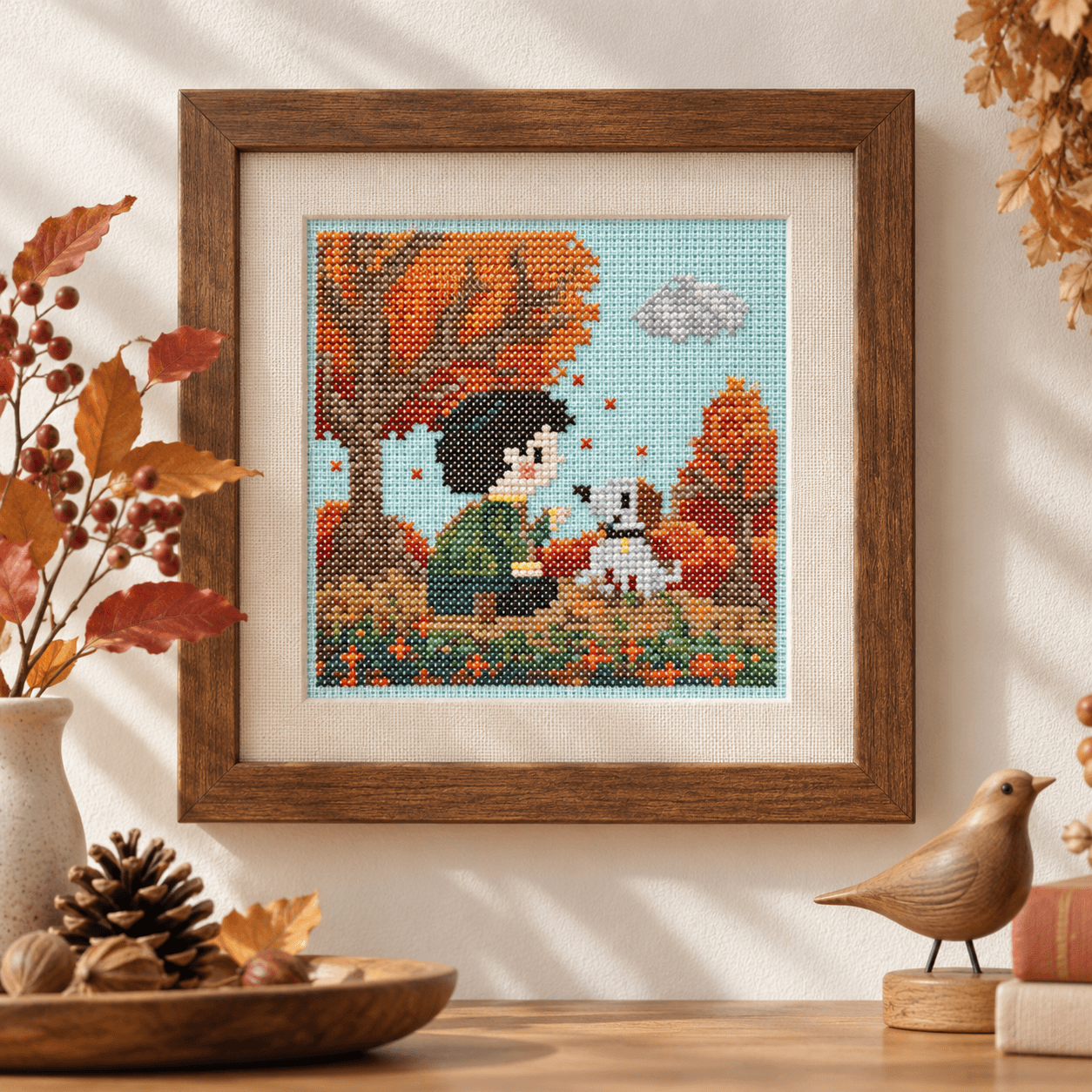 (刺繍キット販売)  紅葉と犬と散歩  クロスステッチ | 6枚目